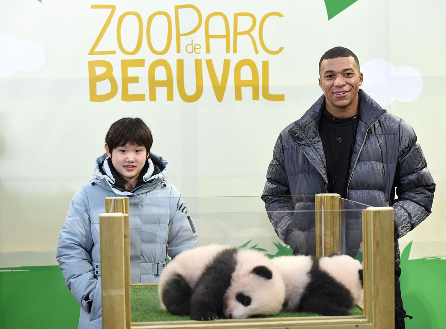 11月18日、オンライン募集で寄せられた12萬2千通の候補から選ばれた名前を揃って発表する、フランスの有名サッカー選手であるキリアン?エムバペ選手と中國の飛び込み五輪金メダリスト張家斉選手（寫真著作権はCFP視覚中國が所有のため転載禁止）。