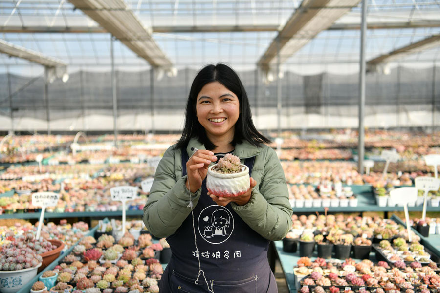 12月13日、雲南省大理市で、客から栽培を依頼されている多肉植物を見せる「二姐」こと廖玉風さん（寫真著作権はCFP視覚中國が所有のため転載禁止）。