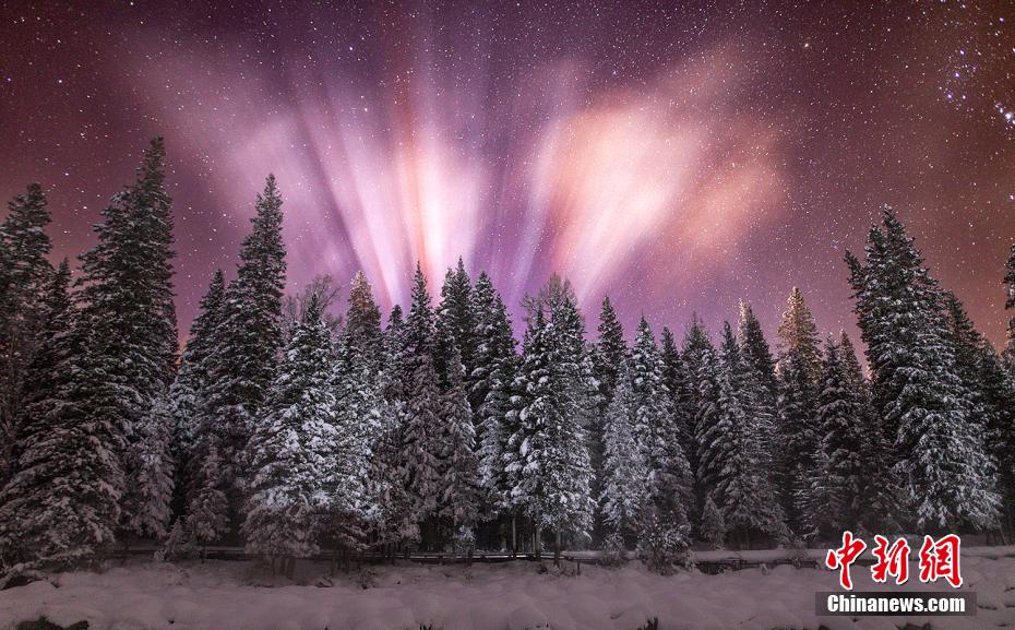 新疆維吾爾（ウイグル）自治區(qū)阿勒泰（アルタイ）地區(qū)の山奧で生じた「寒夜光柱」現(xiàn)象（撮影?蔡石）。