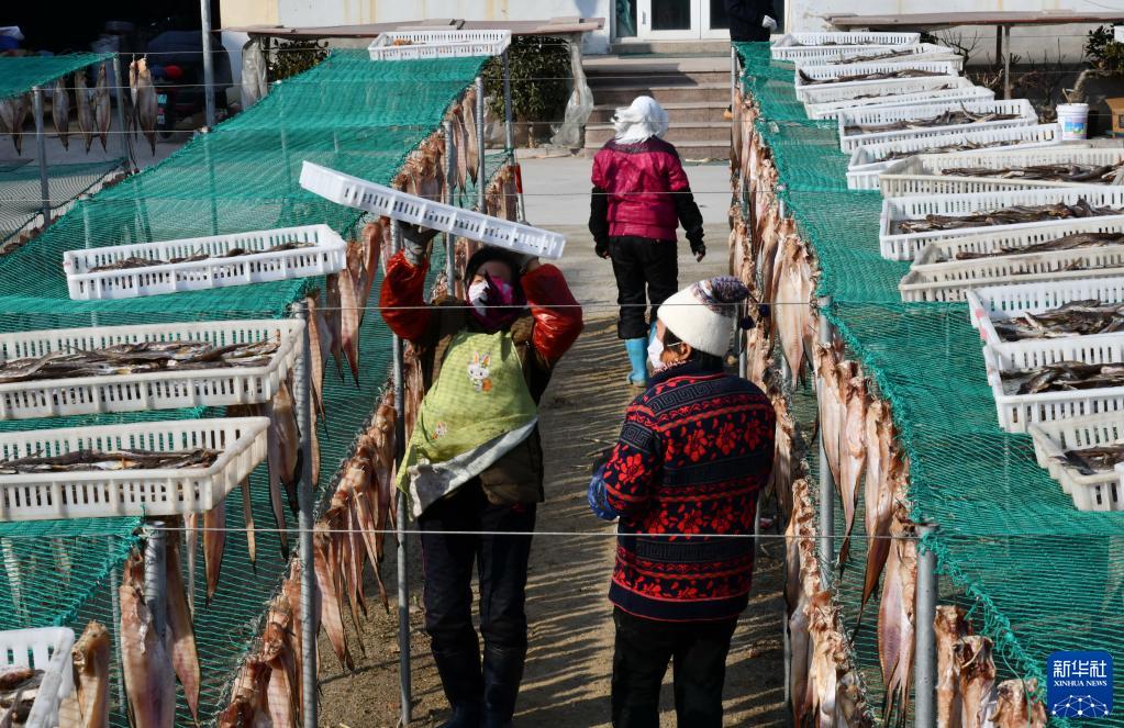 漁村特産の干物を市場(chǎng)に出荷　山東省