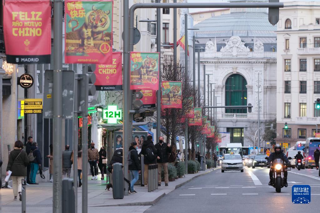 「トラ」モチーフの街路燈フラッグで飾りつけられたスペイン?マドリード