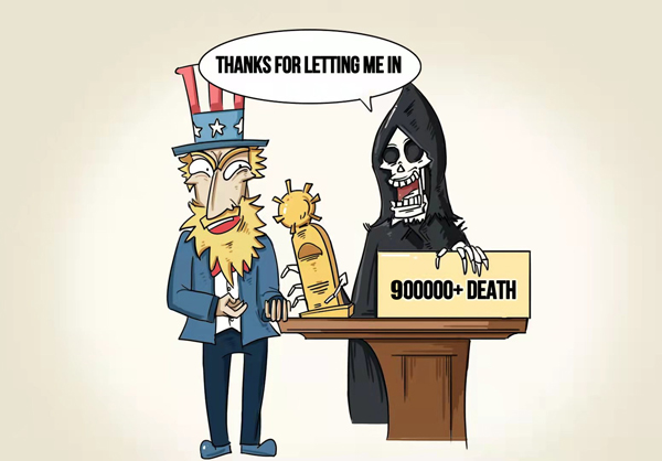 2022年2月末までに、米國では新型コロナウイルスのために94萬人の命が奪われた。（イラスト作成?陸凌興）