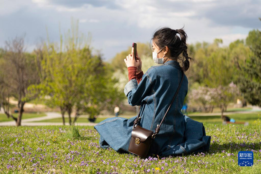 5月12日、ハルビン市太陽島景勝地の景色や寫真撮影を楽しむ観光客（撮影?謝剣飛）。