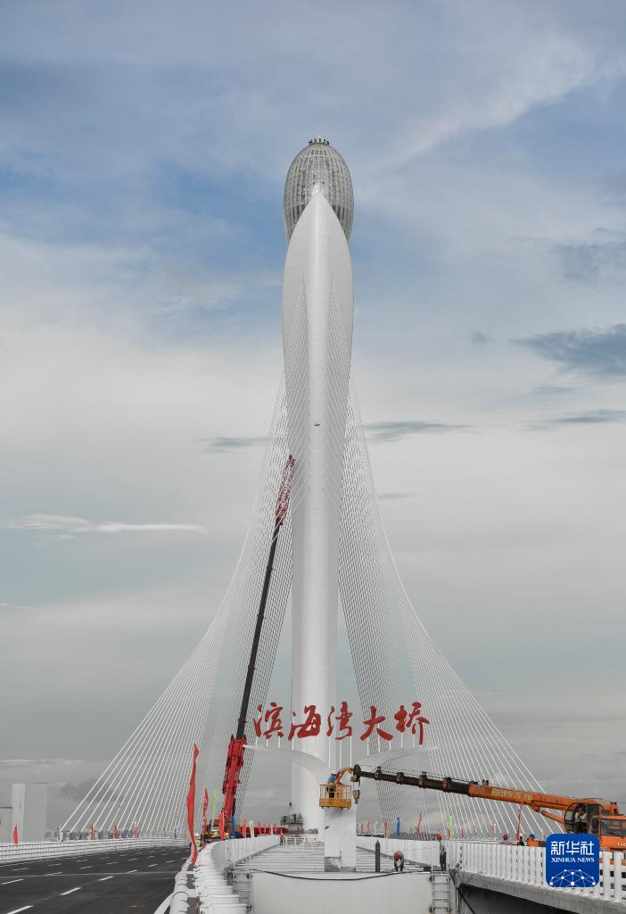 6月29日、広東東莞浜海灣大橋に橋銘板を設(shè)置する作業(yè)の様子（撮影?劉大偉）
