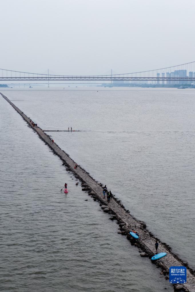 水位低下が続く長(zhǎng)江　武漢區(qū)間で普段は水面下にある小道が露出　湖北省