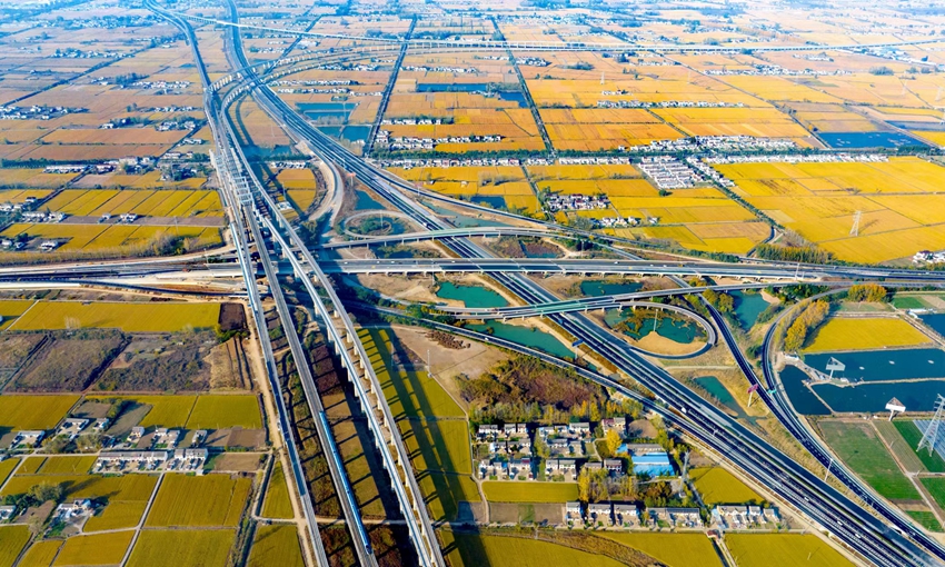 楚州ジャンクション、金色の水田、農(nóng)民の住宅が引き立て合う秋の景色（撮影?紀(jì)星名）。