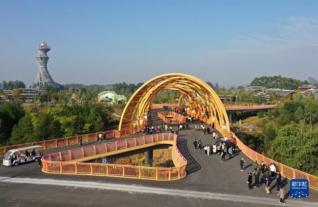 第13回広西（河池）園林園蕓博覧會を訪れた來場客（12月15日ドローンによる撮影?陸波岸）。