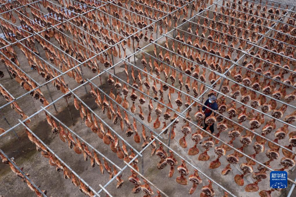 浙江省金華市金東區(qū)澧浦鎮(zhèn)にある金華金年火腿（ハム）有限公司の乾燥場(chǎng)で、金華ハムの乾燥狀況を確認(rèn)する作業(yè)員（1月4日、ドローンによる撮影?徐昱）。