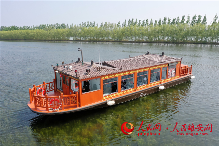 白洋淀の屋形船「水上バス」（撮影?何希陽(yáng)）。