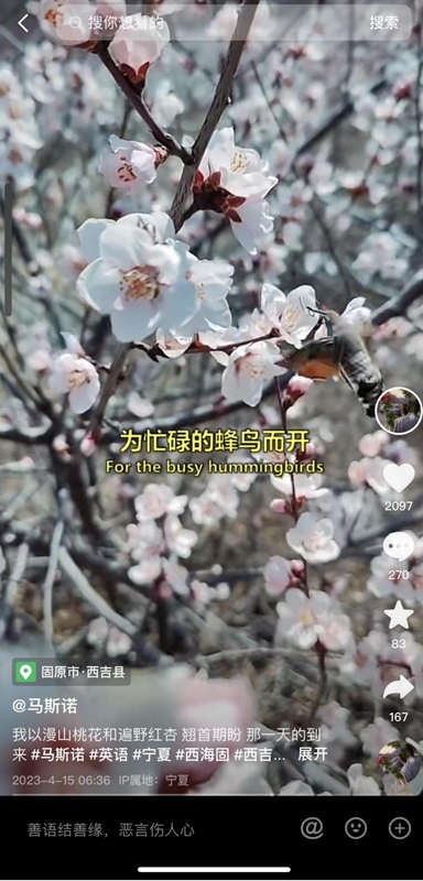 英語で生まれ故郷の美しい景色を紹介する馬亮さん（動畫のスクリーンショット）。