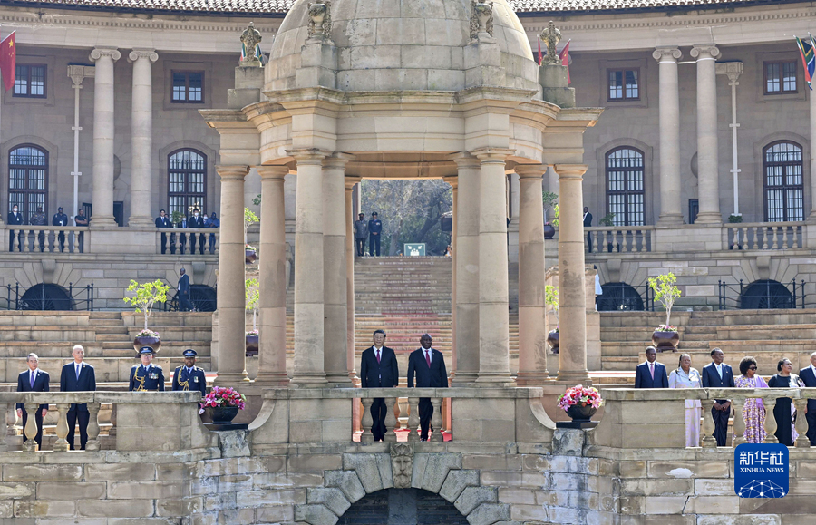 現(xiàn)地時(shí)間8月22日午前、プレトリアの大統(tǒng)領(lǐng)官邸でラマポーザ南アフリカ大統(tǒng)領(lǐng)と會(huì)談する習(xí)近平國家主席。（撮影?殷博古）