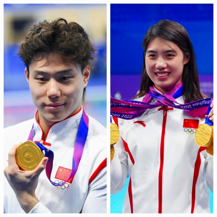 中國水泳男子の覃海洋選手（寫真左）と水泳女子の張雨霏選手。