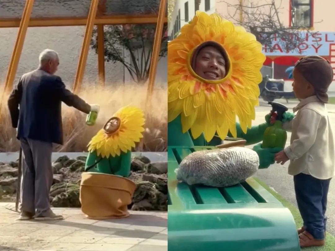 通行人に霧吹きで水をかけてもらう「小崗?fù)瑢W(xué)」さん（畫像は「小崗?fù)瑢W(xué)」の動畫のスクリーンショット）。