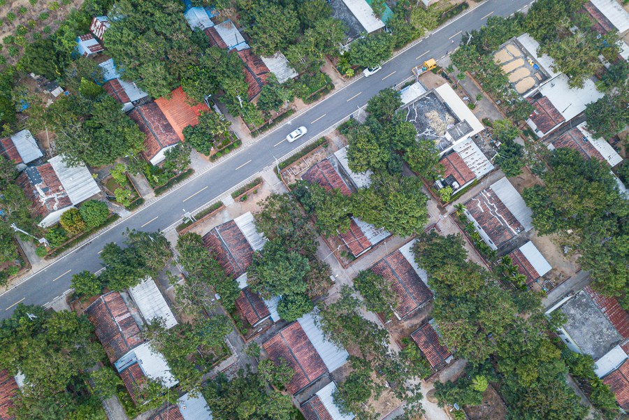 海南省東方市江辺郷白査新村（12月7日、ドローンによる撮影?蒲暁旭）。