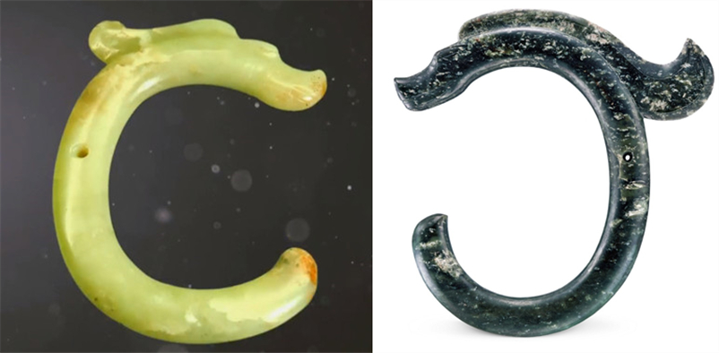 紅山文化C形玉竜（寫真左、翁牛特旗博物館所蔵）と玉竜（寫真右、中國(guó)國(guó)家博物館所蔵）