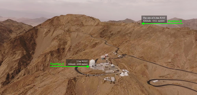 JUSTは賽什騰山の標(biāo)高4322mのBポイントに設(shè)置される。現(xiàn)在最大のドームは標(biāo)高4200 mのCポイントにある口徑2.5 mの「墨子」サーベイ望遠(yuǎn)鏡で、時(shí)間領(lǐng)域畫像サーベイに用いられる。JUSTは完成後、同望遠(yuǎn)鏡と共同で観測を?qū)g施する。