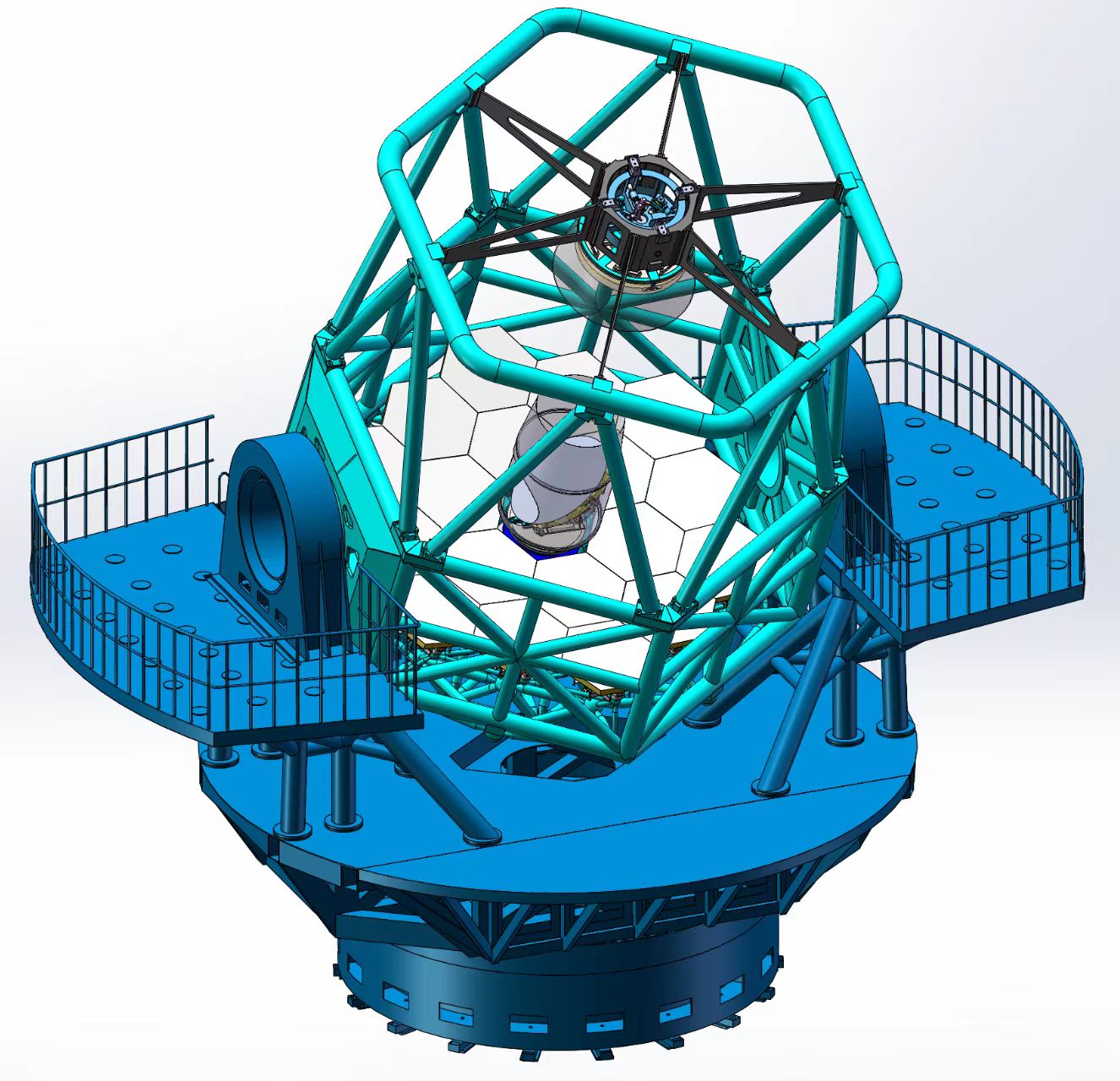 JUSTの全體のコンセプトイメージ図、R-C光學(xué)システムを採用。メインミラーは18枚のサブミラーを合わせて構(gòu)成されるもので、口徑は約4.4 m。メインミラーの中心（グレーの部分）に回転するクーデ鏡を設(shè)置し、2つのナスミス焦點(diǎn)の速やかな切り替えに用いる。畫像提供は上海交通大學(xué)