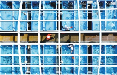 広東省深圳市にある中國海油広東大鵬LNG受入ターミナル內(nèi)の冷熱エネルギーを利用した養(yǎng)殖プロジェクト拠點に設(shè)置された大型養(yǎng)殖用水槽で養(yǎng)殖している魚介類をチェックする作業(yè)員。