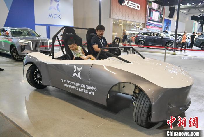 4輪すべてを90度回転させて真橫に平行移動(dòng)できるスマートカーを體験する男性と男の子（7月13日撮影?張瑤）。