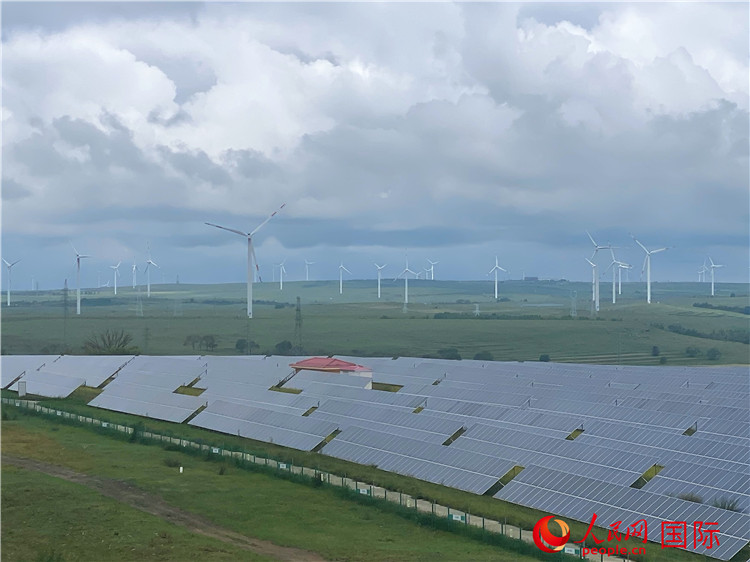 「國家風(fēng)光儲(chǔ)輸実証基地」の近くにある風(fēng)力発電機(jī)と太陽光パネル(撮影?于洋)