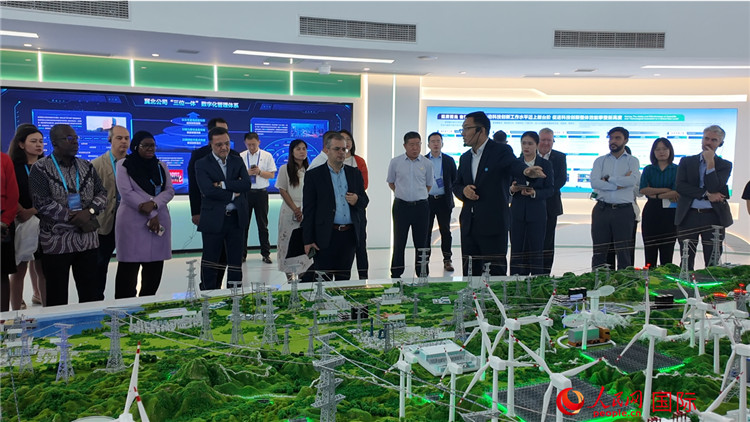 「國家風(fēng)光儲(chǔ)輸実証事業(yè)」の模型を前に職員から説明を受ける各國大使や代表ら(撮影?方童)