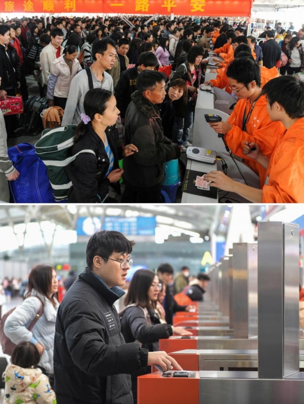 上：2010年1月31日、広州駅で乗客の切符を確認(rèn)する職員。下：2024年1月26日、広州南駅の無人改札を通る乗客。（撮影?盧漢欣）