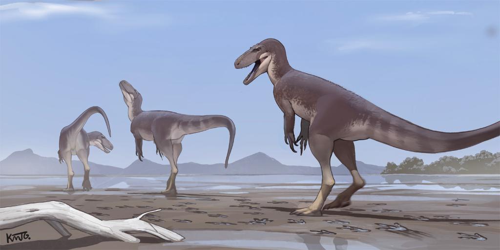 烏蘭鎮(zhèn)の現(xiàn)場に足跡を殘した恐竜の復(fù)元図（畫像提供は取材先）