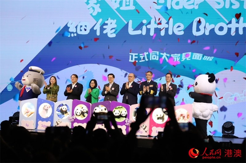 香港海洋公園で開かれた雙子の赤ちゃんパンダのお披露目開始記念式典の様子（撮影?呉宇揚揚）。