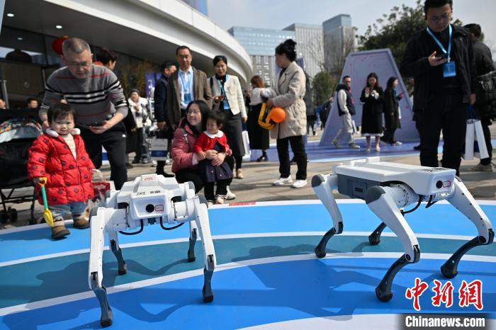 3月19日、「大規(guī)模言語モデルの幕開け?ロボットとの出會い」をテーマにした四川省人工知能産業(yè)チェーン製品発表會が同省成都市で開催され、多くの人工知能産業(yè)チェーン製品が発表された。発表會で行われたスマートロボット製品の展示で、來場者の注目を集めている四足歩行ロボット。撮影?張浪
