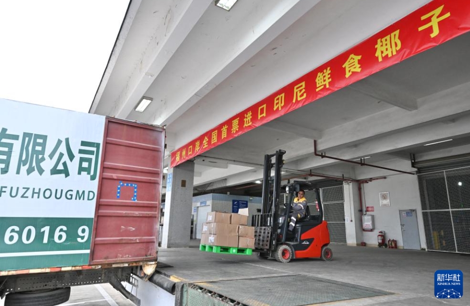 福州長(zhǎng)楽國(guó)際空港の貨物ステーションのスタッフが、初めて中國(guó)に輸入されたインドネシア産生ココナッツを積み替えてて倉(cāng)庫(kù)から運(yùn)び出す様子（4月12日撮影?姜克紅）。