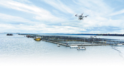 チリのロス?ラゴス州カルブコ市で、極飛科技の農(nóng)業(yè)用ドローンがサーモンの入った養(yǎng)殖用ケージに向かって飛行し、給餌の準備をしている様子。 撮影?ジョナサン?パルマ