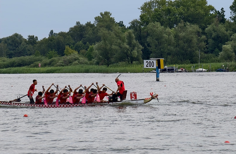 全力でレースを戦う広西壯（チワン）族自治區(qū)梧州市藤県のドラゴンボートチーム。（寫真提供?藤県融合メディア）