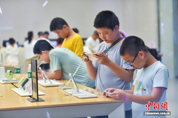 海南省海口市のcdf?？趪H免稅城で電子製品を試す子供（7月27日撮影?駱雲(yún)飛）