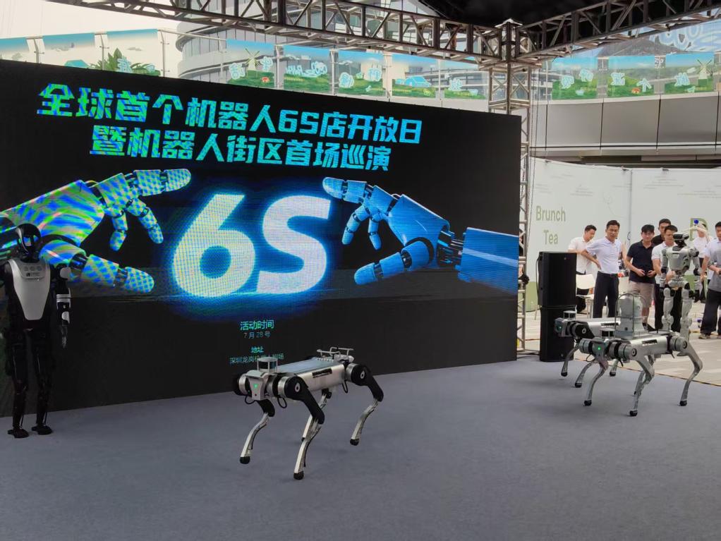 深セン竜崗ロボット劇場で巡回公演を行う人型ロボットと四足歩行ロボット。撮影?梁希之