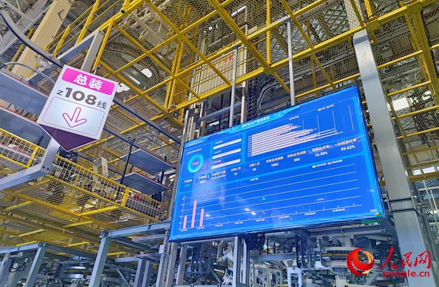 最終組立工場(chǎng)內(nèi)の各生産ラインに設(shè)置されている「ジャストインタイム生産管理モニター」。撮影? 郭維瑾