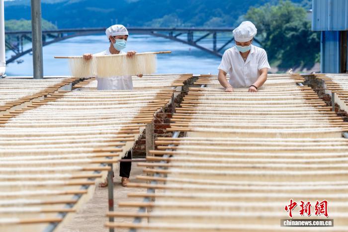 ライスヌードルを天日干しする作業(yè)員（撮影?何華文）。