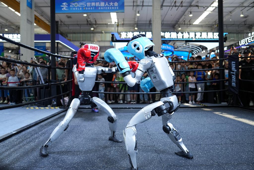 8月11日、世界ロボット大會の宇樹科技（Unitree Robotics）のブースで披露されたロボットボクシング（撮影：鞠煥宗）