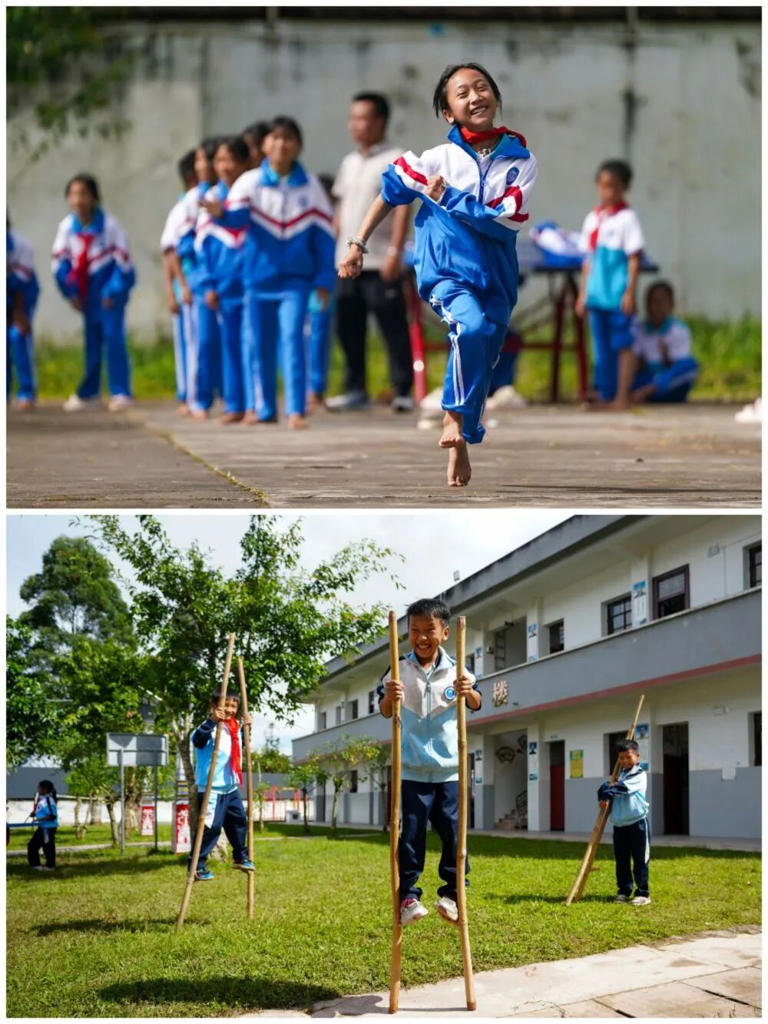 休み時間に運(yùn)動場を走る臘福小學(xué)校の児童（寫真上）。竹馬で遊ぶ戈的小學(xué)校の児童（寫真下、撮影?陳欣波）。