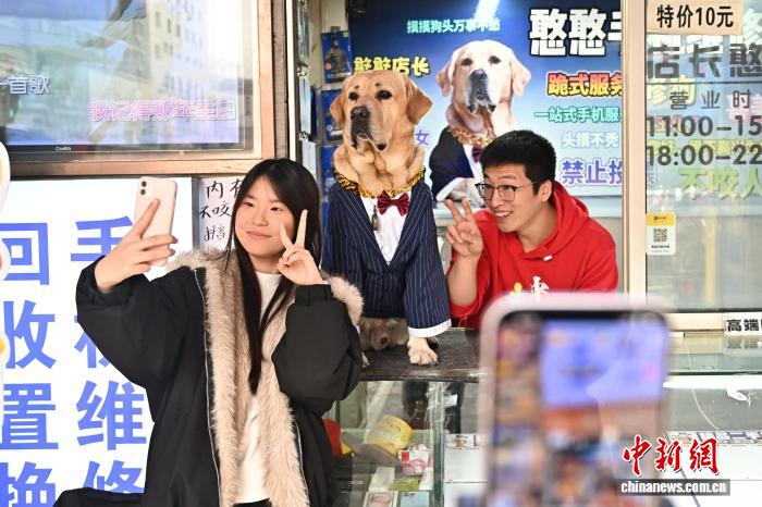 山西省太原市で、イヌの「店長」と記念寫真を撮影するネットユーザー（寫真左、11月5日撮影?韋亮）。
