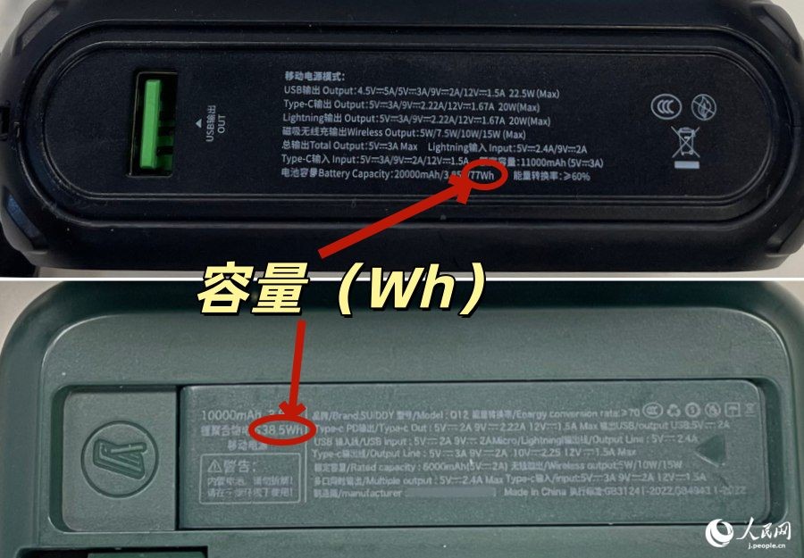 モバイルバッテリーの容量表示例（寫真?勝又あや子）