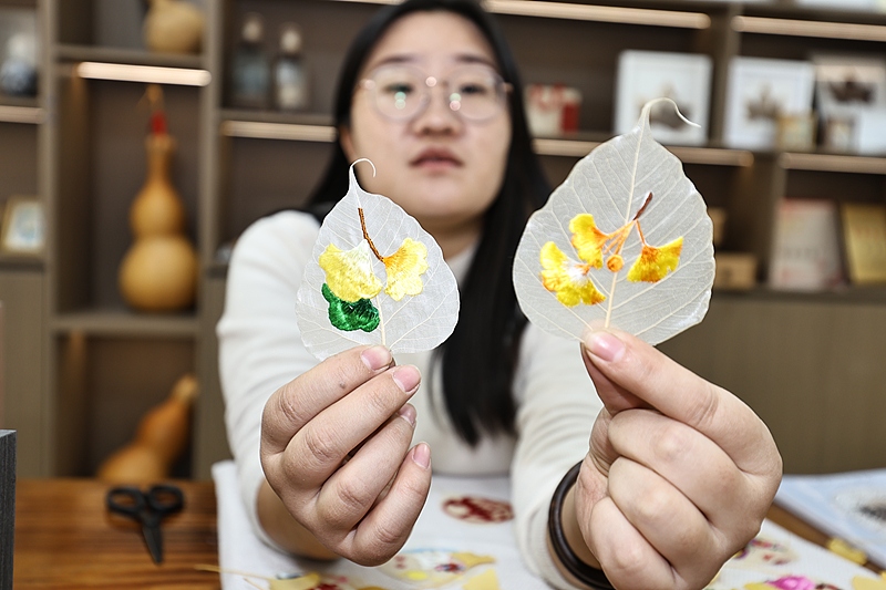 美術(shù)教師が落ち葉に彫刻、千年銀杏の葉に新たな息吹　山東省日照市