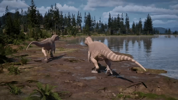 研究成果に基づいて3D制作された楠木山の獣腳類恐竜の行動イメージ図