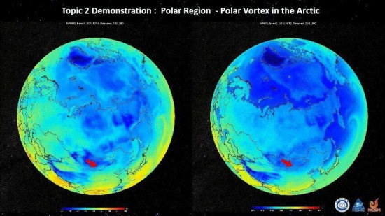 △10月12日に風(fēng)雲(yún)3號H衛(wèi)星のマイクロ波溫度計とマイクロ波濕度計が観測した北極の極渦